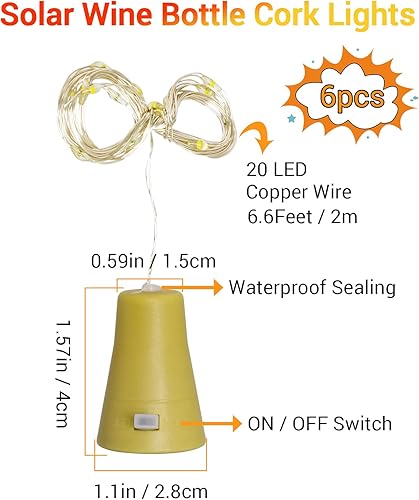 Miniatura 6 de PChero Luces solares para botellas de vino, paquete de 6 unidades, 20 luces LED impermeables, mini alambre de cobre, luces de corcho para botellas