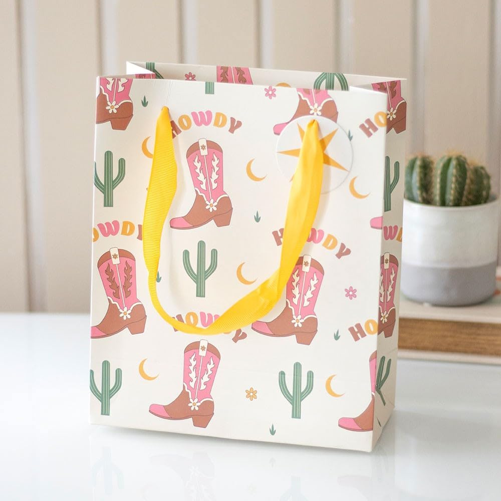 Retro Rodeo Gift Bag - Fun Western 'Howdy' Design, Stylish and Durable for Birthdays, Special Occasions, or Celebrations, 23cm Tall, Ideal for Small to Medium Gifts, Unique Cowboy Theme