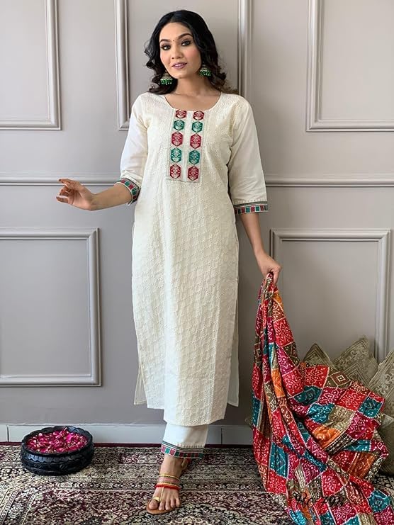 Image of Preeson Women's Pure Cotton Chikankari Emrboidery Kurti With Pant And Dupatta Set