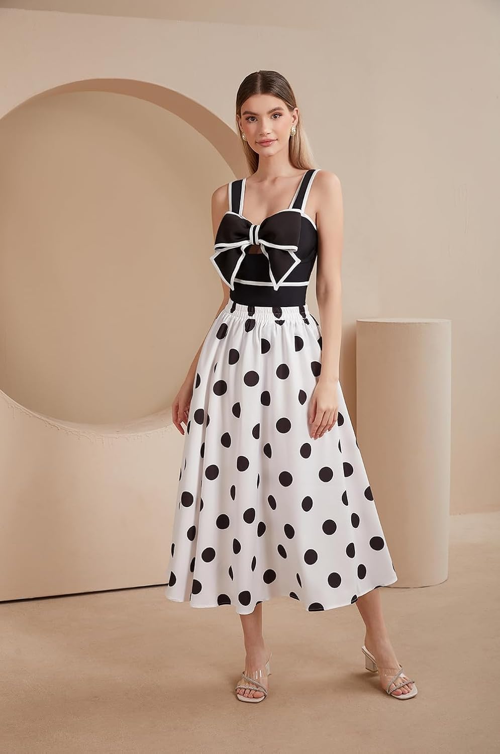 FLAXMAKER Black and White Swimsuit Bow-tie Decor Women's Polka dot Print Skirt One Piece Bathing Suit with Skirt