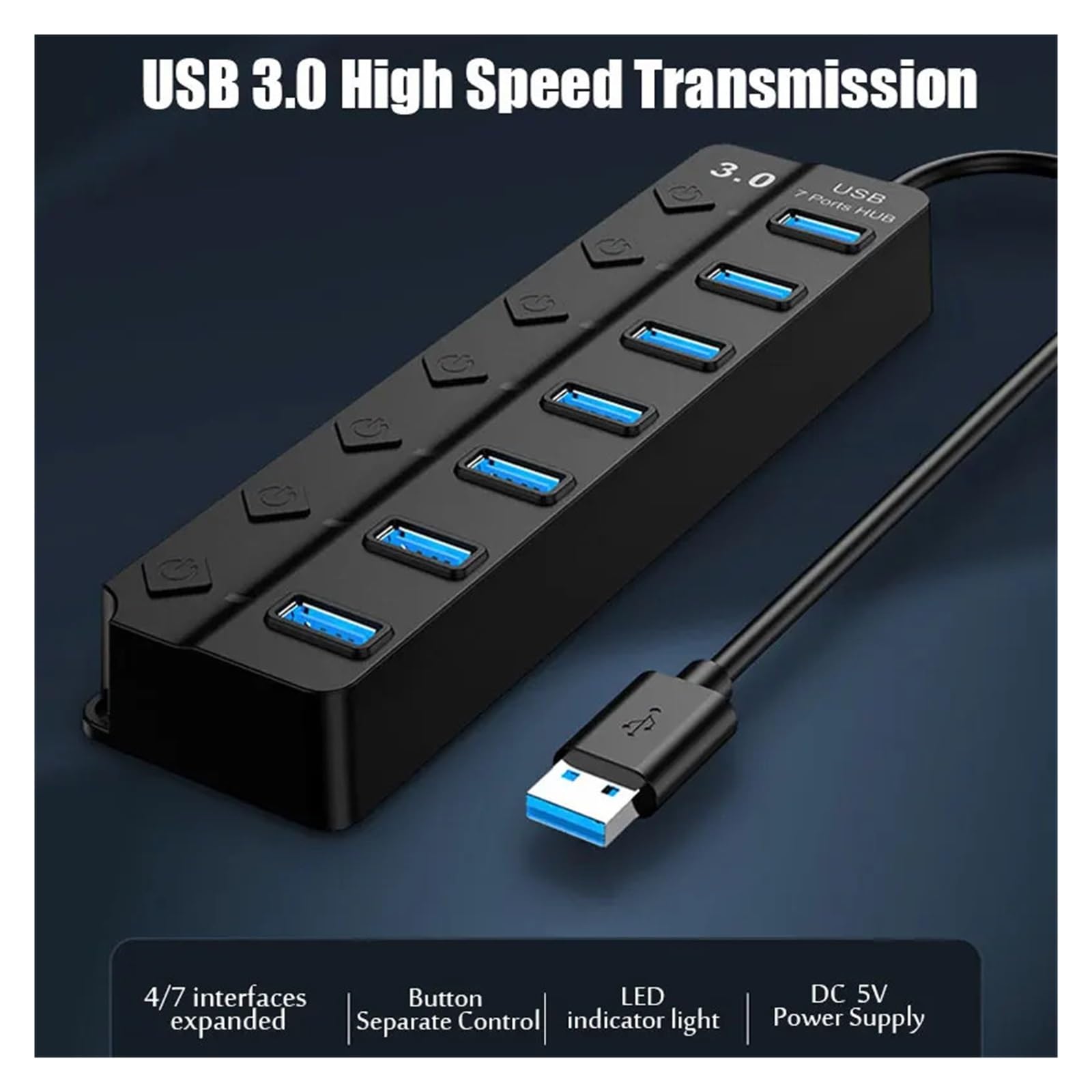 Adattatore Di Alimentazione USB 3.0 Hub Splitter Multi A 4/7 Porte 2. Switch Espansione Multiplo Cavo Da 30 Cm Capacità Di Ricarica Rapida(Black-3.0-7 ports)