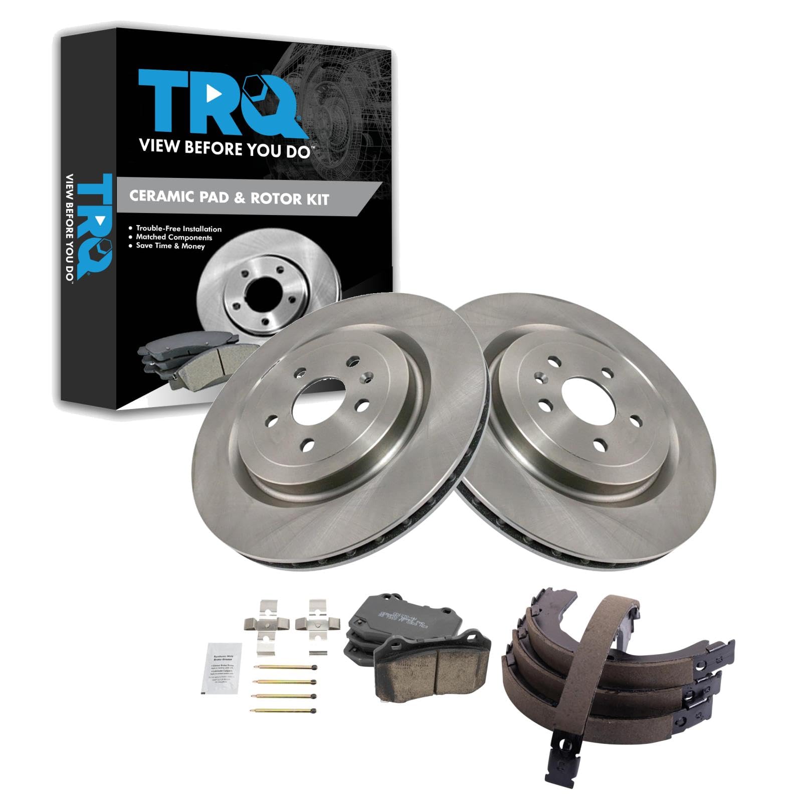 TRQ Rear Brake Pad and Rotor Set Ceramic Parking Shoe Compatible with 2009-2014 Cadillac CTS