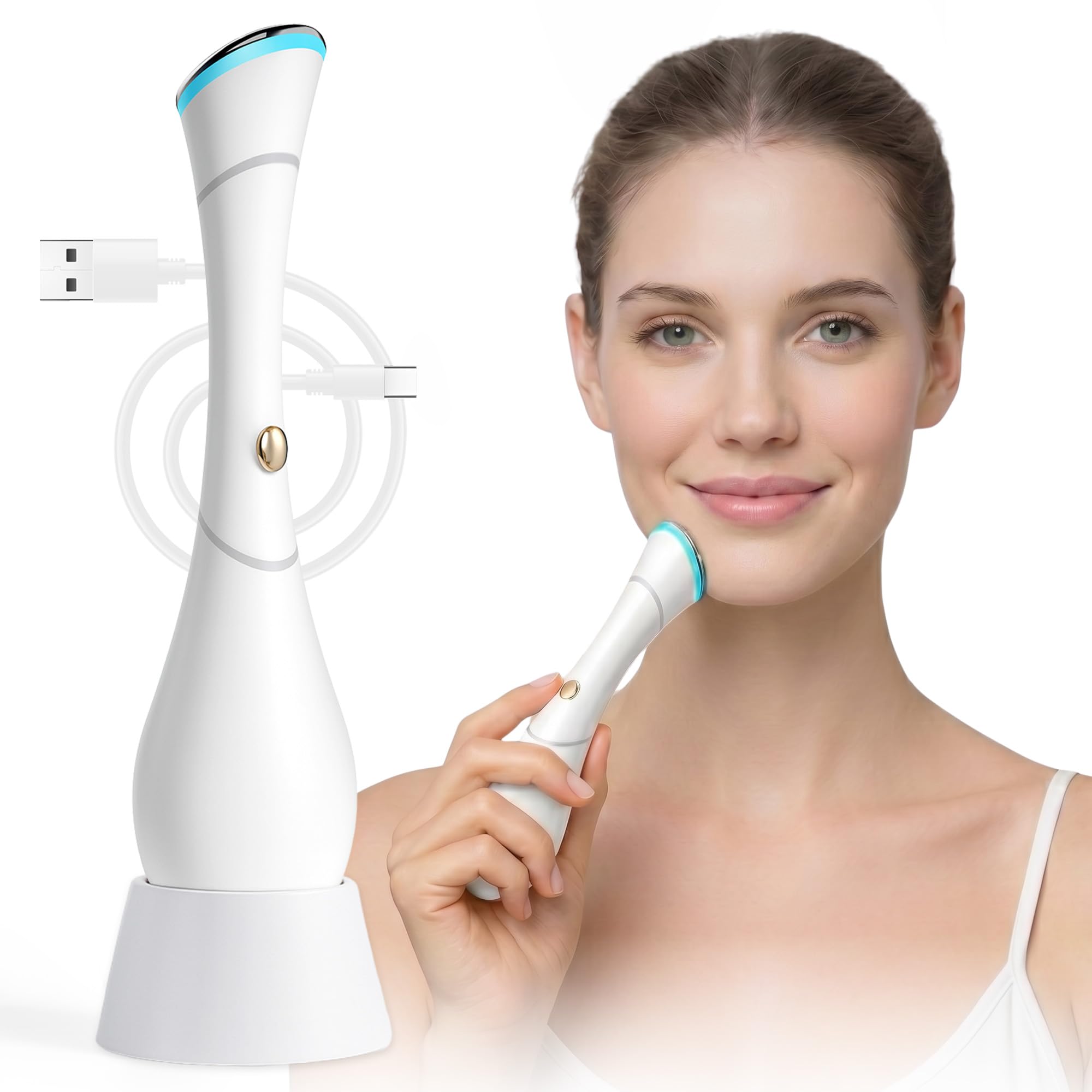 HAMINOS Masajeador Facial 4 en 1 con Calor, Vibración, Luz Roja y Azul, Función Iónica Galvánica, Masajeador Facial Eléctrico Recargable USB-C para Cuidado Facial