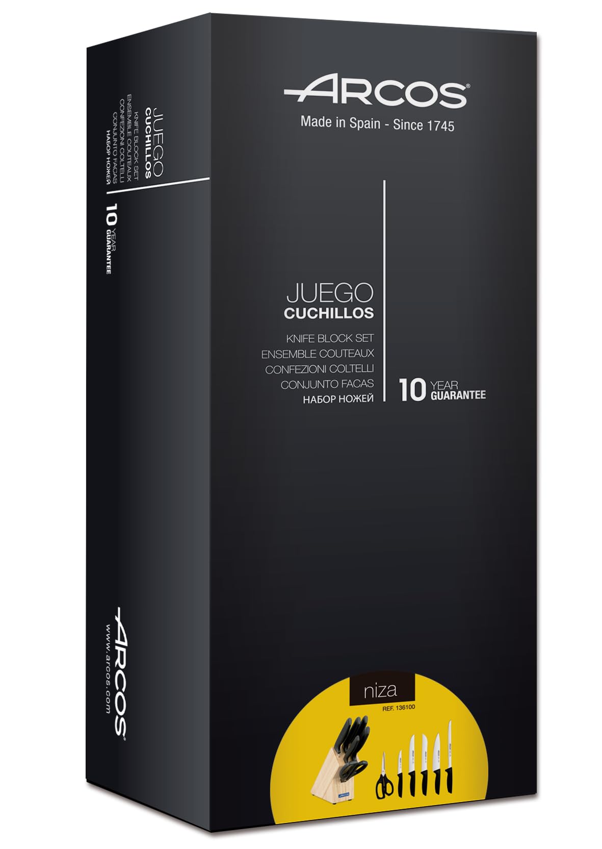 Arcos Juego de Cuchillos de Cocina. 6 piezas con bloque. 5 Cuchillos chef y 1 tijeras Acero Inoxidable. Mango ergonómico polipropileno para cortar carne, pescado y verduras. Serie Niza. Color negro.