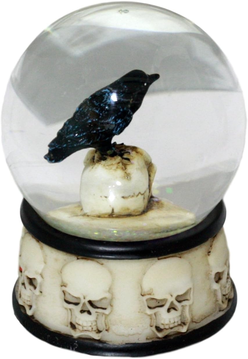 Ebros Gift Small Day of The Dead Edgar Allan Poe Quoth The Raven Perching On Giant Skull Glitter Water Globe Collectible Figurine with Skull Faces Base 3.5" Tall