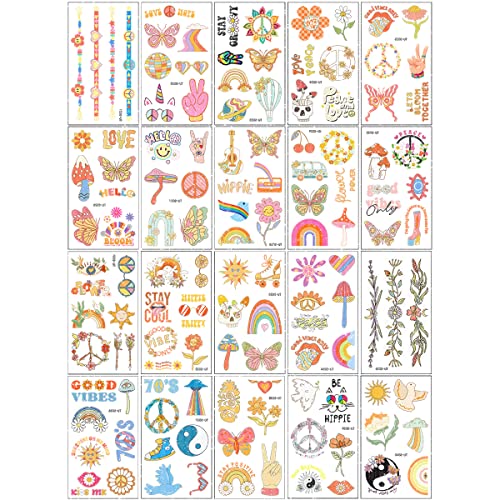 125 Pcs Groovy 70’S Temporary Tattoos Flower Glitter Fake Tattoo Stickers Cartoon Waterproof Body Sticker For 70’S Retro Sparkle Hippie Theme Decorations Favor Party Supplies (20 Sheets) #TOP1