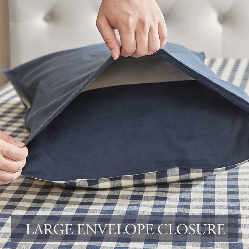 DAPU Linen Sheets Queen,Yarn Dyed Gingham Check Plaid 100% Washed Linen Bedding with Envelope Closure,4 PCs Soft Linen Sheets Set,Geometric Checkered Pattern in Navy Blue & White,Queen Size