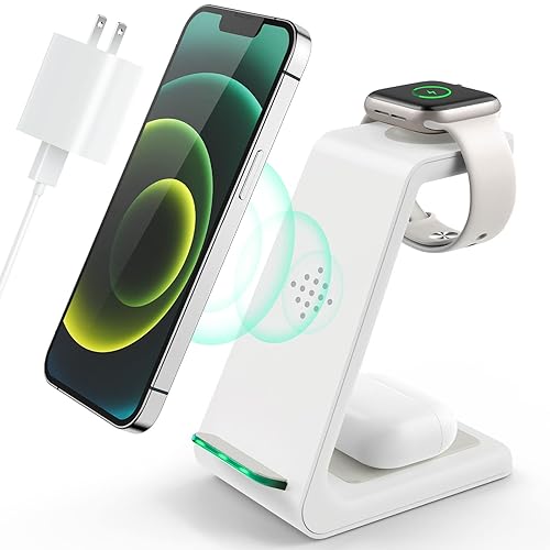 3 in 1 Wireless Charging Station, 2025 Upgraded Fast Desk Charger Station for iPhone 16 15 14 13 12 Pro Max Plus, Charger Stand for Apple Watch 10 9 8 7 6 5 4 3 2 SE, Airpods 4 3 2 Pro - A-White