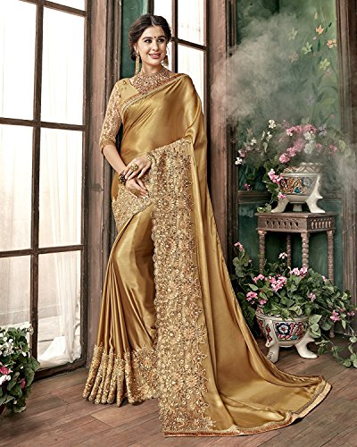 Image of TRENDMALLS Women's Lycra Embroidery With Stone Work Saree with Unstitched Blouse