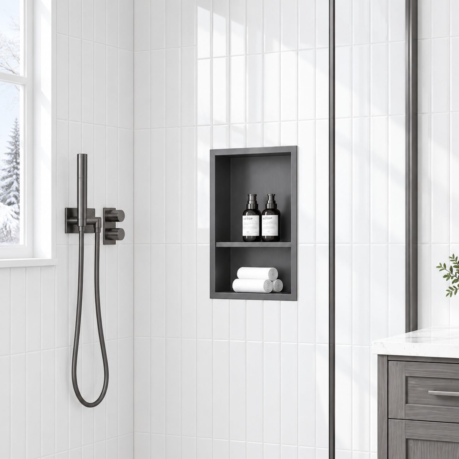 18 x 12 Inch Stainless Steel Shower Niche, No Tile Needed Wall Niche with Double Shelves, Recessed Wall Niche Insert for Bathroom Shower Kitchen Storage, Gun Gray