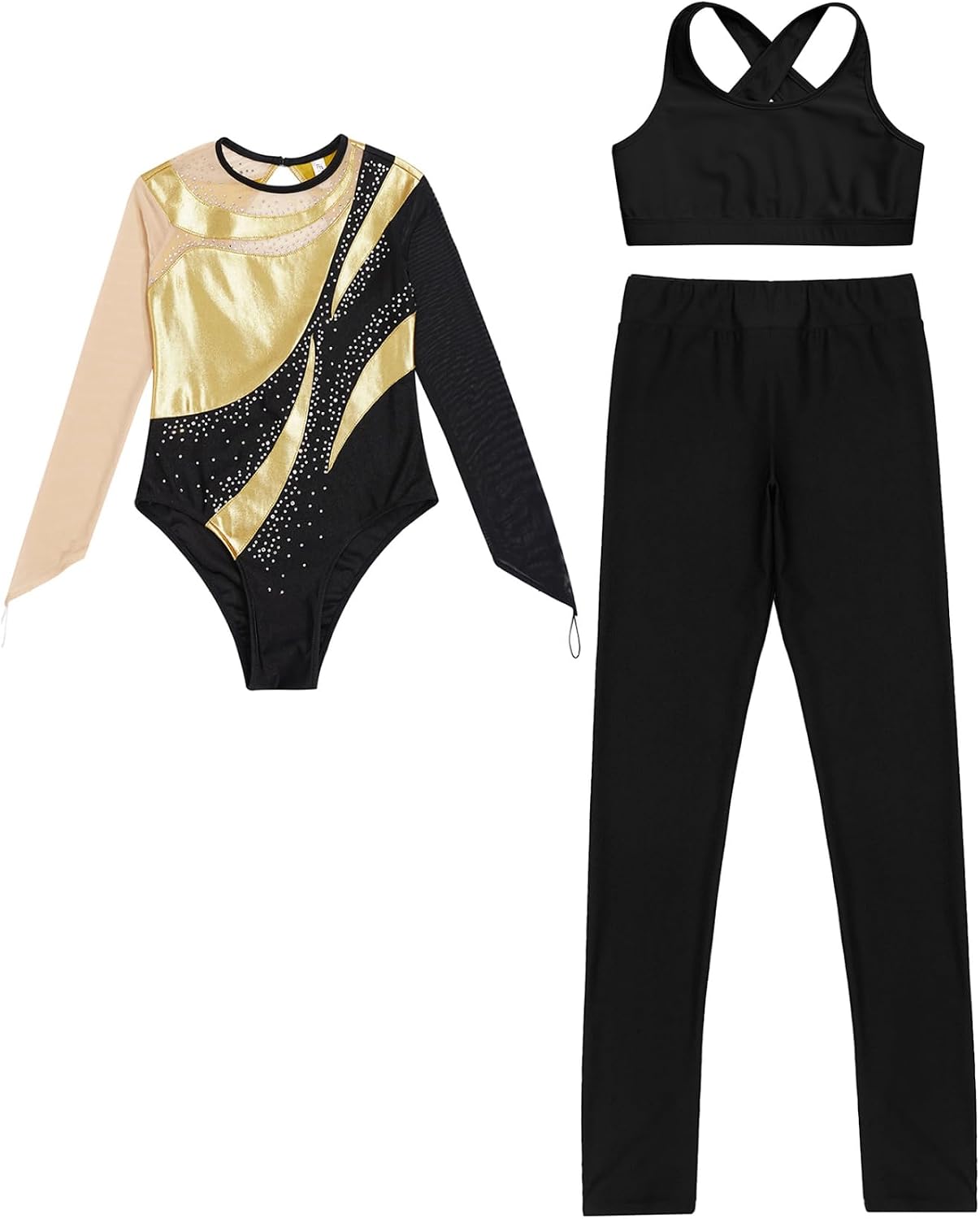 JEYPINMI Girls Dance Outfits 3 Piece Athletic Leggings with Leotard Crop Tops Athletic Workout Activewear Set