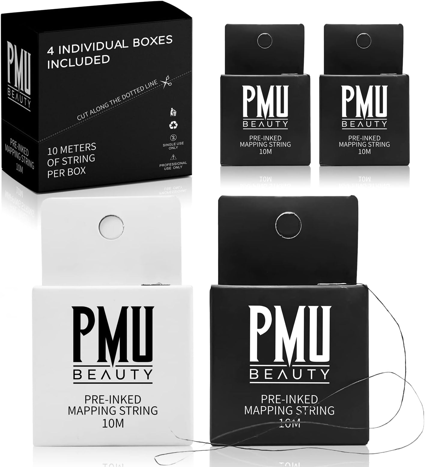 4Pack Brow Mapping String 33ft Pre-inked Black & White Eyebrow Mapping Thread for Permanent Makeup Microblading Supplies Marking Symmetrical Eyebrows