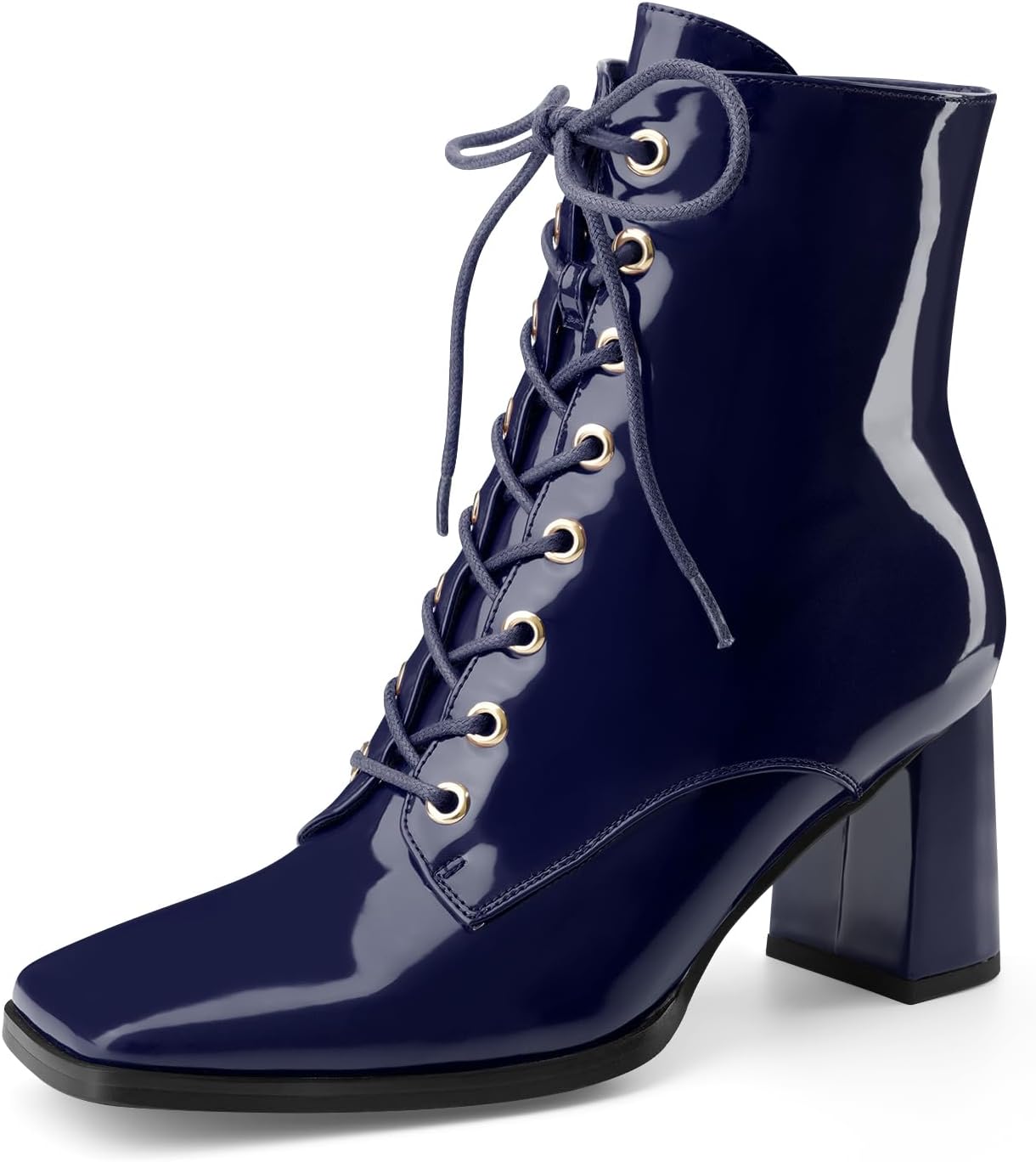 Oh Mispares Women's Chunky Heel Ankle Boots Square Toe Lace-up Chunky Block Heeled Side Zipper Short Booties Comfortable Walking Boot Shoes