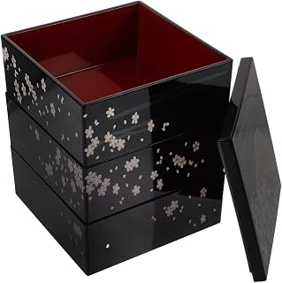 Amosfun Japanese Bento Case 3 Layers Sushi Box Mount Fuji Pattern Traditional Lunch Box with Lid for Snacks and Meals Reusable Plastic Lunch Container 6.3 x 6.3 x 4.9 Inch