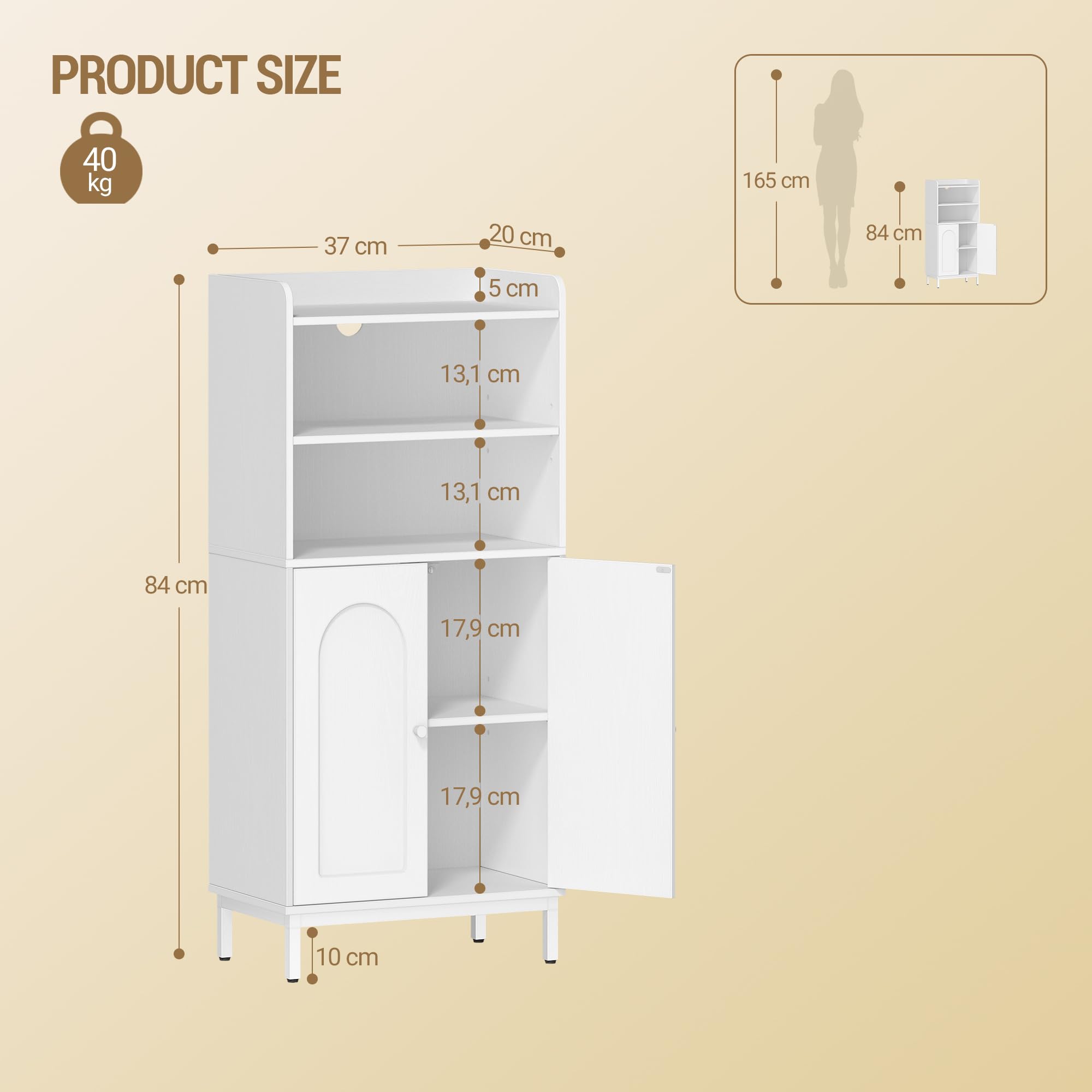 Hzuaneri Badezimmerschrank, Badschrank, Küchenschrank mit 2 offenen Fächern, 2 Türen, 2 verstellbaren Einlegeböden, Freistehender Badezimmer, 20 × 37 × 84 cm, Weiß BC48213W