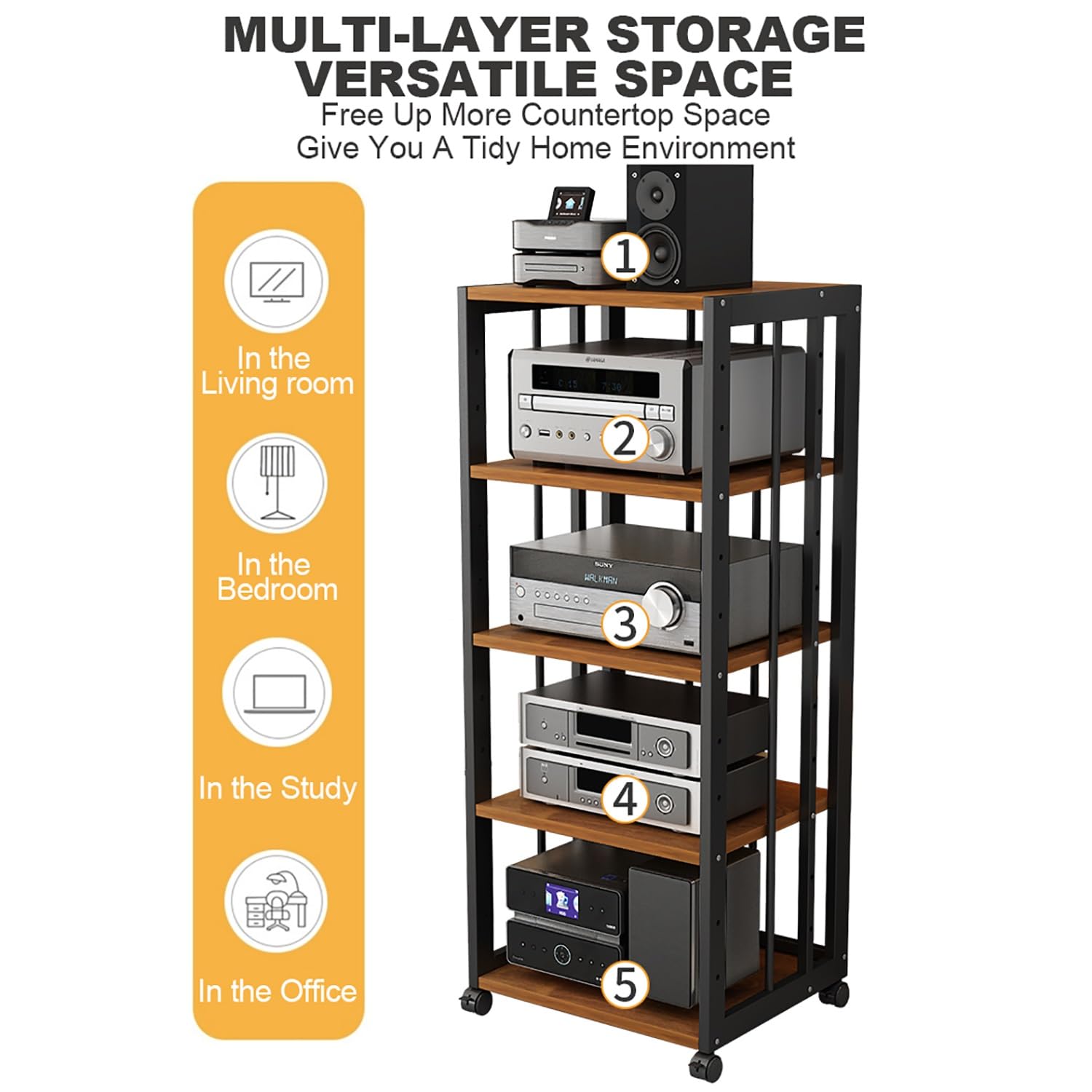 Gabinete de Audio HIFI Multicapa con Estantes for Audio y Video Soporte de Exhibición de Audio Estante de Medios con Ruedas Universales para Salón Dormitorio Estudio de Grabación.(Original wood,50x40x