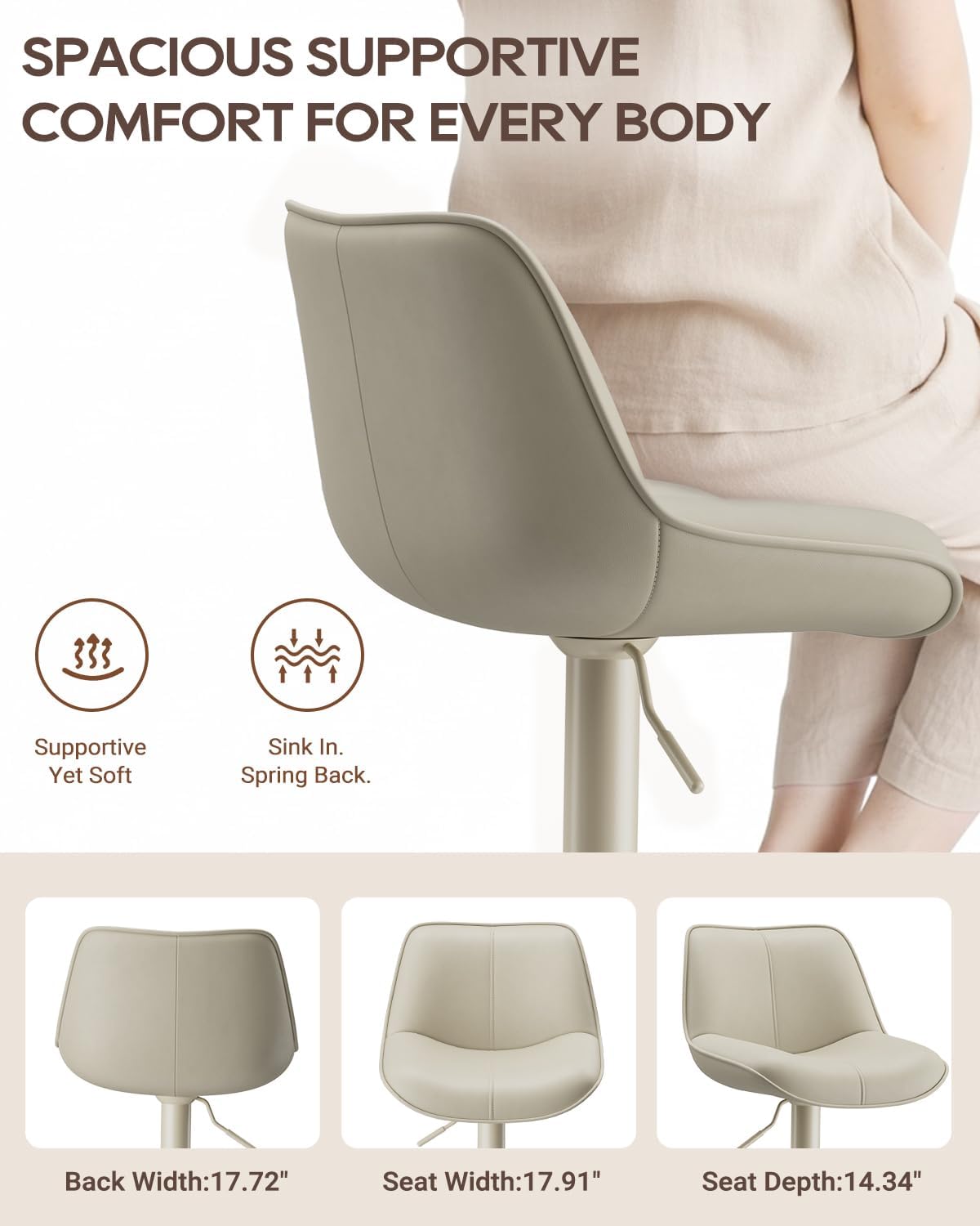 Bar Stools Set of 2, Adjustable Swivel Faux Leather Barstools 26-34inch with Footrests, Counter Height Island Chairs for Bar, Kitchen, Dining Room, Beige