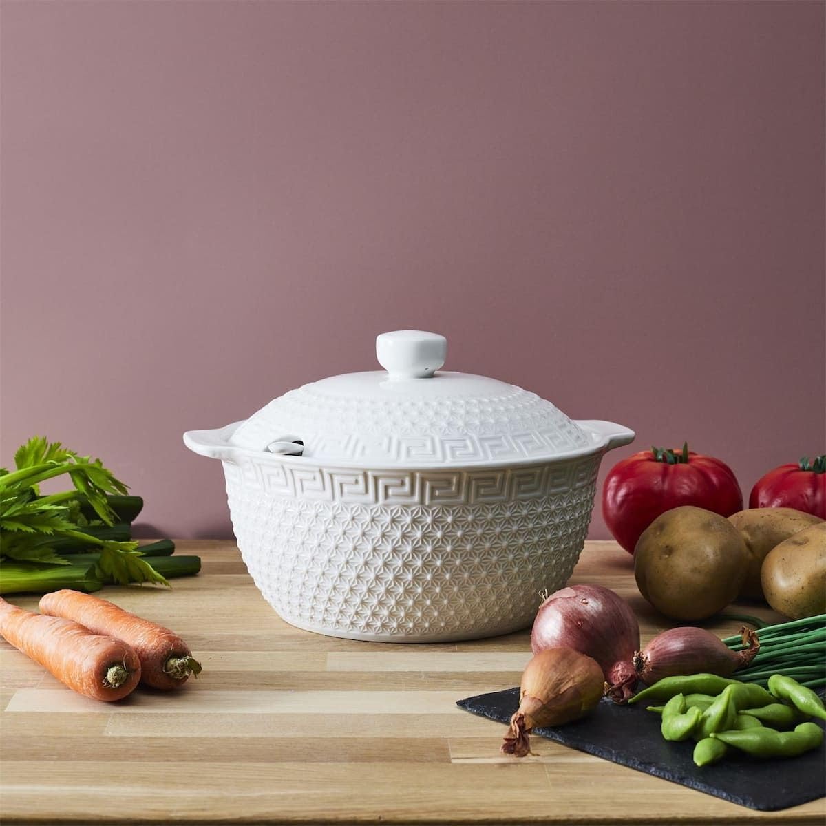 AltoBuy Service à Soupe en céramique Blanche avec soupière (2,7 L), louche et 6 Bols (25 cl)