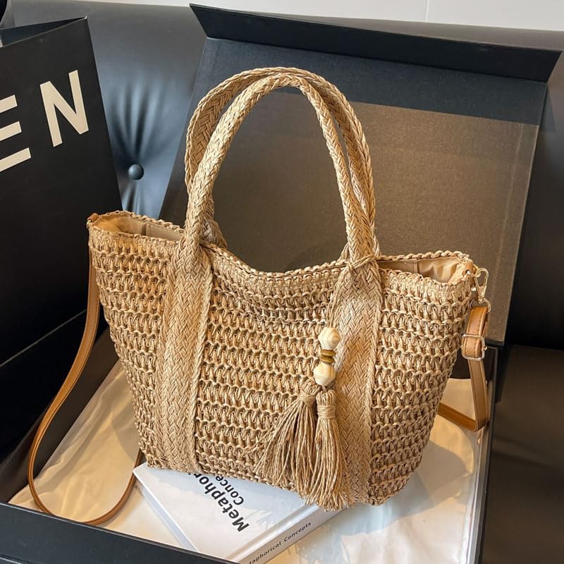 Bolso bandolera de paja tejido a mano para mujer miniatura 4