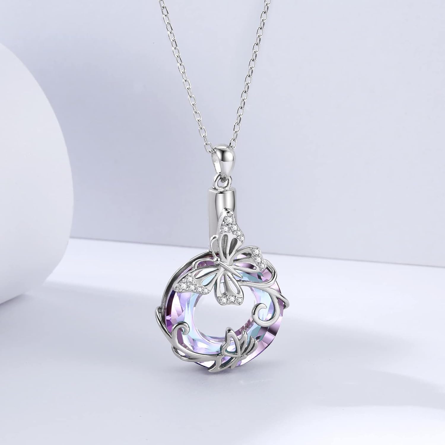 925 Sterling Silver Butterfly Hummingbird Rose Tree of Life Urn Necklace for Ashes Crystal Cremation Pendant Memorial Jewelry for Women