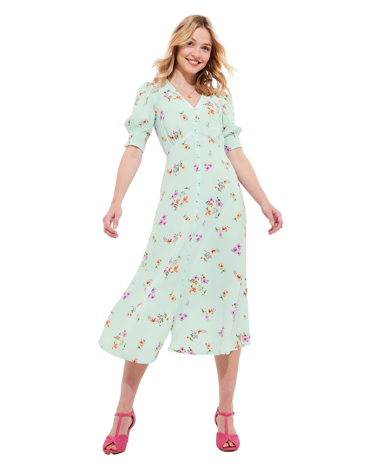 Joe Browns Women's Ditsy Floral Mock Button Midi Dress, Green, 14