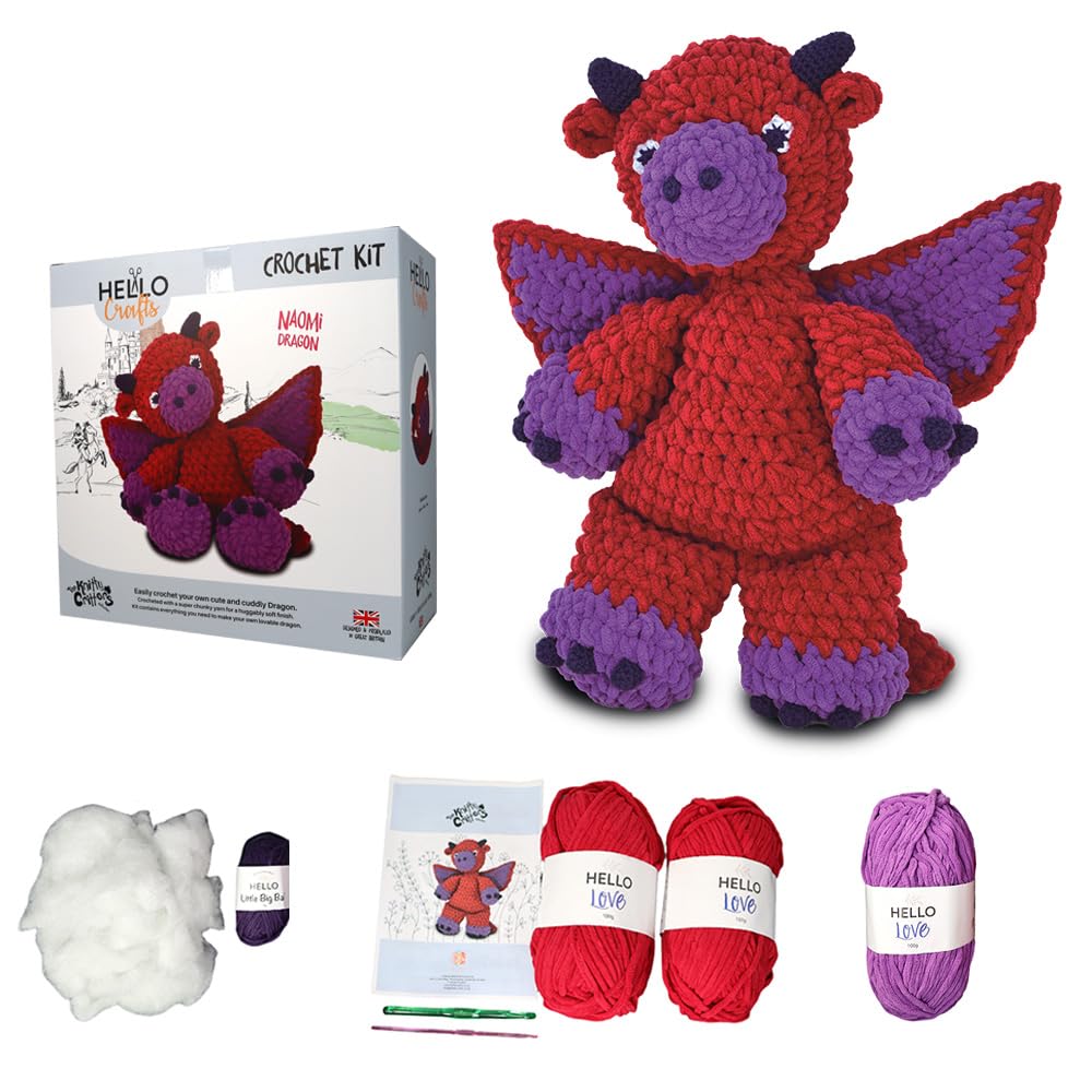 KNITTY CRITTERS – Main Collection – Naomi Dragon| Beginner-Friendly Crochet Craft Kit with Recycled Yarn