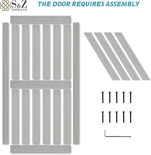 Miniatura 7 de SZ TOPHAND 54 pulgadas x 84 pulgadas Puerta de granero británico anudada de color gris claro con kit de herrajes para puerta corrediza de 10 pies