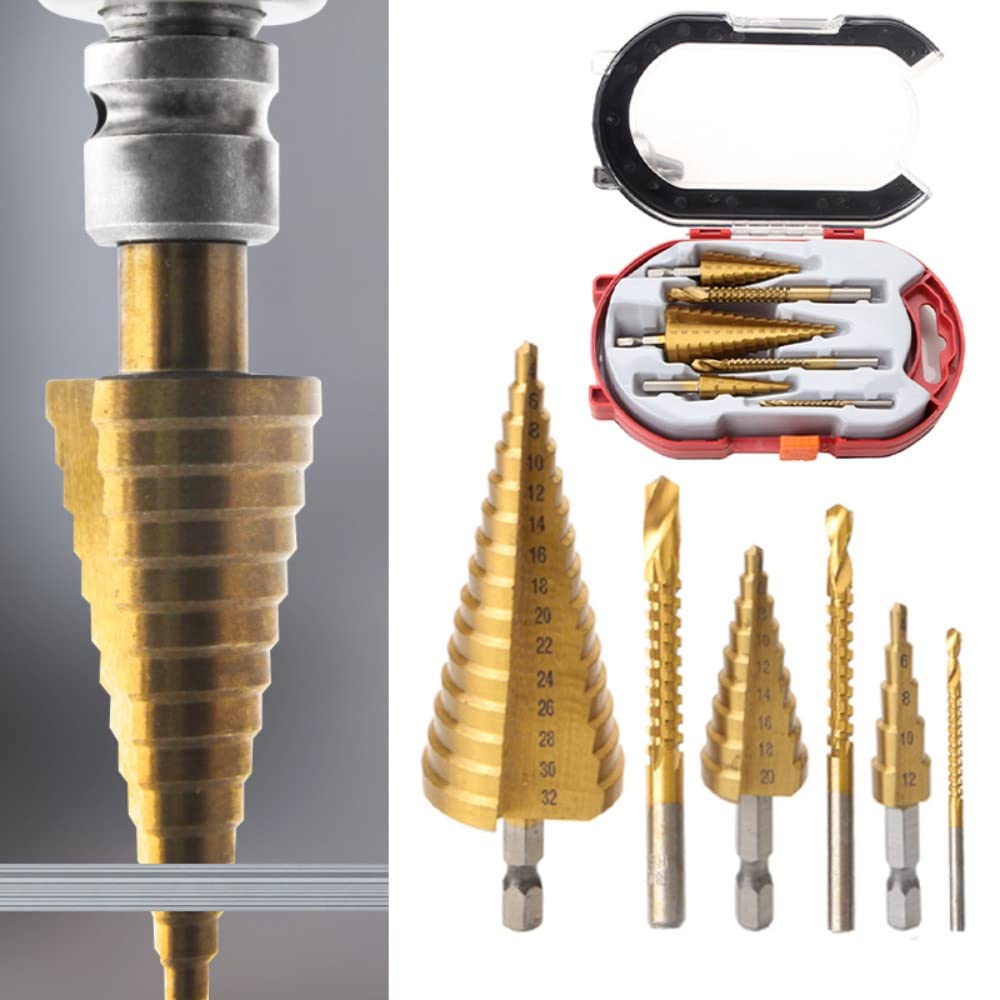 Andy's Orchids 6PCS Step Drill Bit Set for Metal and Wood, HSS Hex Shank Straight Groove Step Drill Bit Set Spiral Groove Drill Bit High-Speed Reaming Pagoda Sawtooth Set Tools