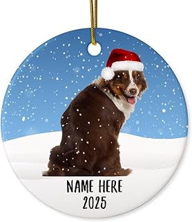 Personalized Name Custom Year Australian Shepherd Chocolate Fur with Santa Hat Christmas Tree Ornaments Circle Ceramic Decorations Gifts for Dog Mom