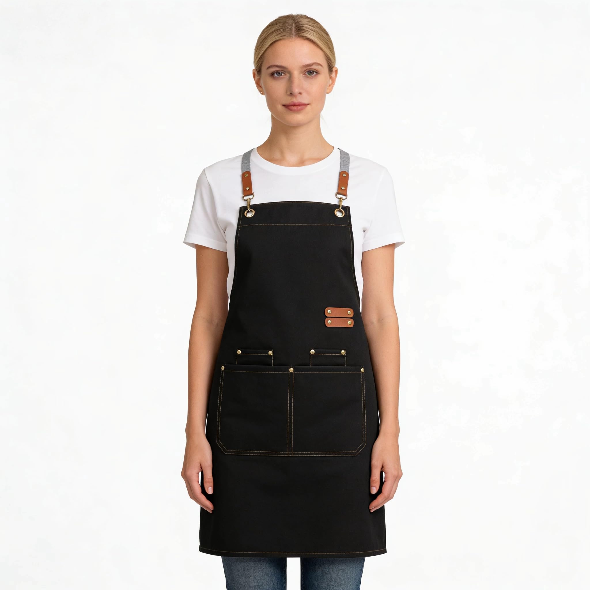 Nvzi Chef Aprons For Men Women With Large Pockets, Cotton Canvas Cross Back Heavy Duty Adjustable Work Apron Size M To Xxl Brown - View #3