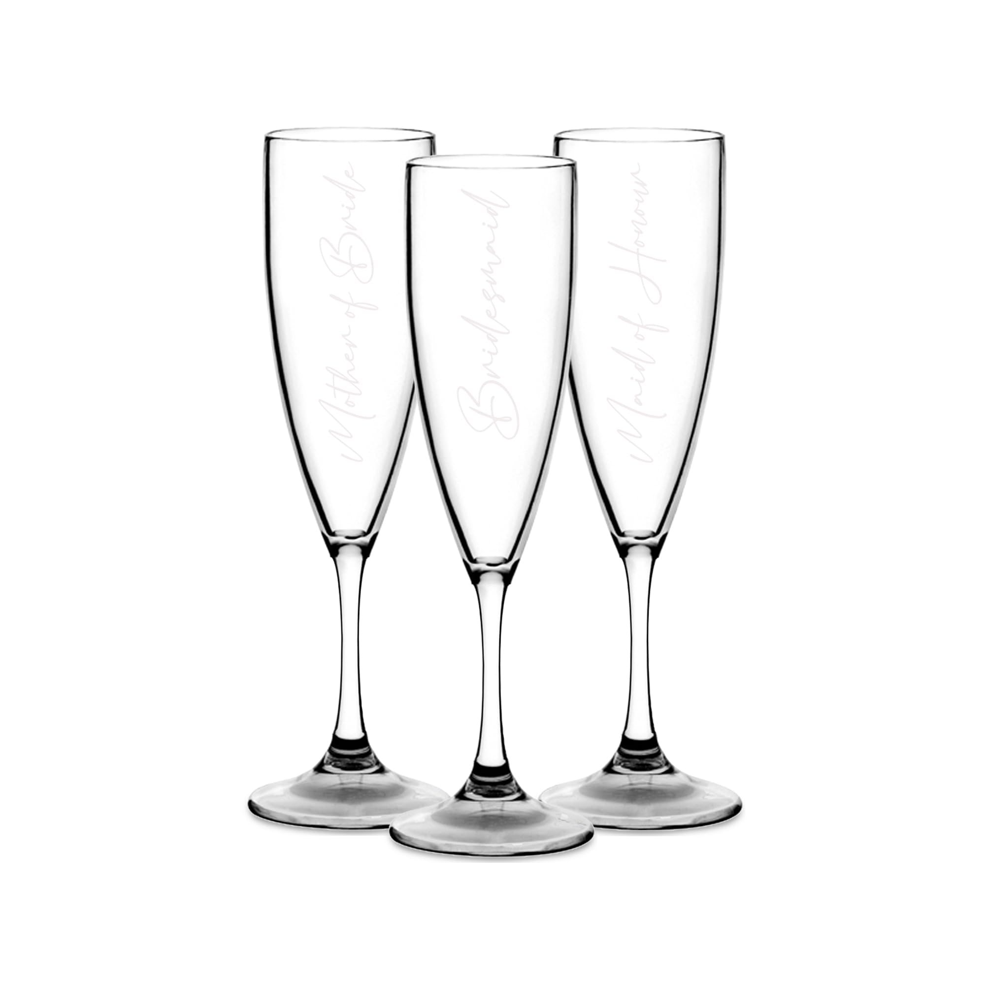 Print Maniacs Champagne Premium Clear Flute Glass Bride Groom Mr Mrs Wedding Maid Honour Wine Cocktail Prosecco Celebrations Gift (White, Set of 3 Bride Side Set)