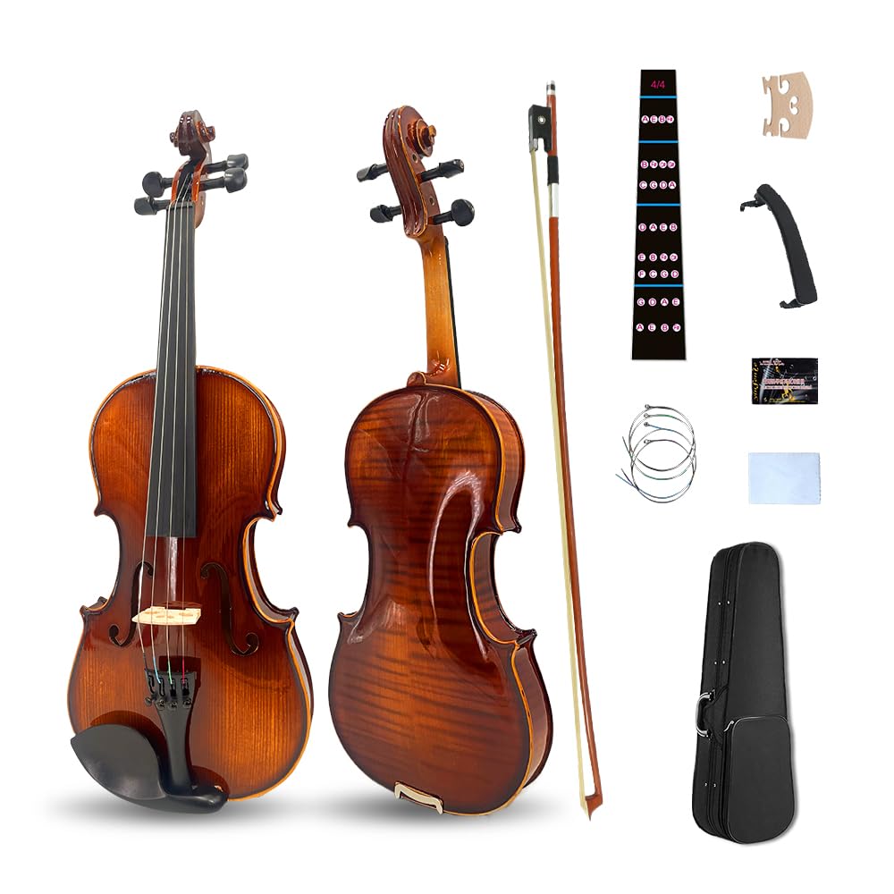 Vetimobato Violin 4/4 Full Size Set Violin for Beginners & Adults & Student & Kids Fiddle Kit with Case, Bow, Rosin, Shoulder Rest,Extra Strings,Bridge, Fingerboard Sticker(4/4 Violin Dark Brown)