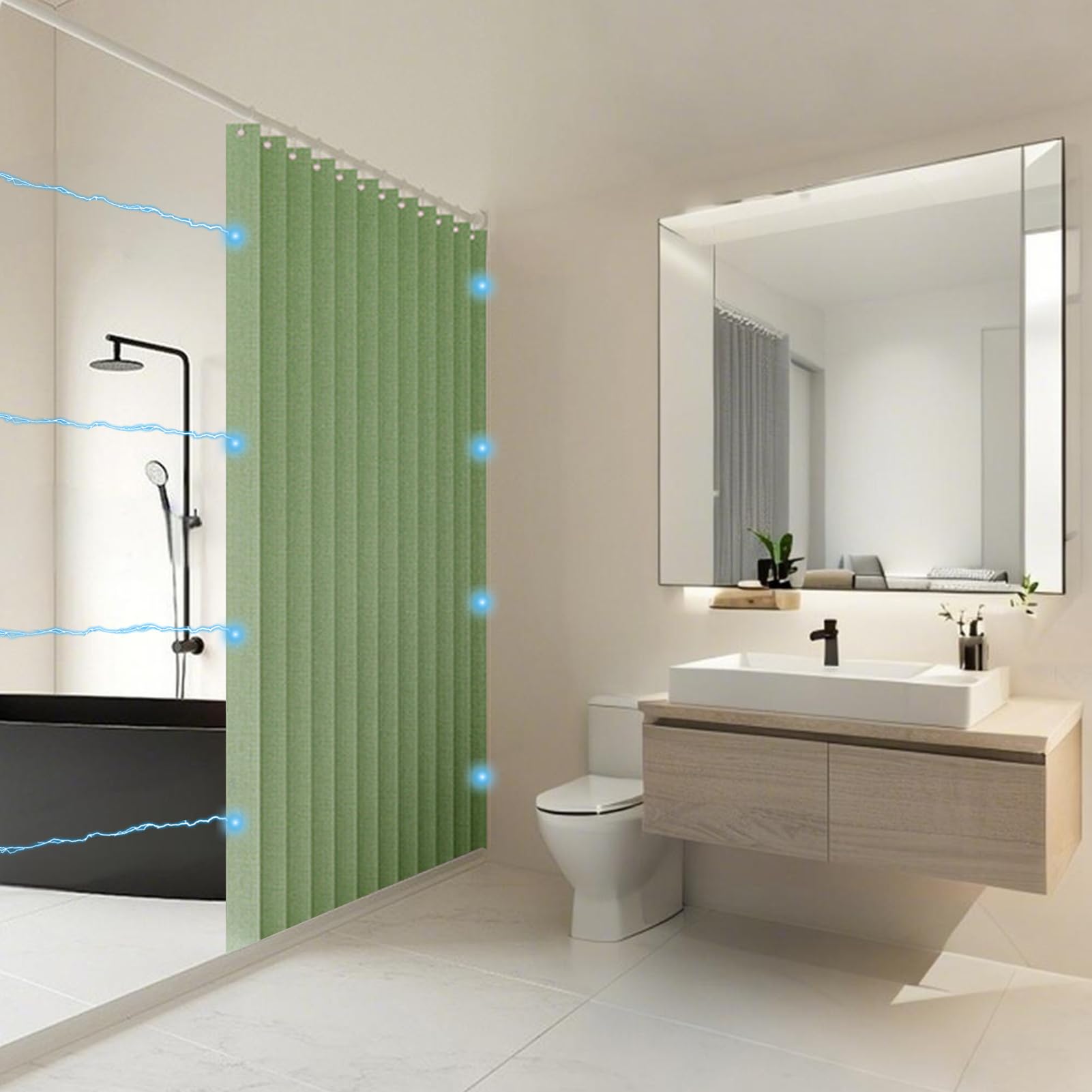 Cortina de Ducha Magnética Plegable Impermeable y Antimoho, Cortinas de Ducha de Tela Plisada, Resistentes y Lavables para Baño, 340g/m², Verde Manzana, 80x200cm