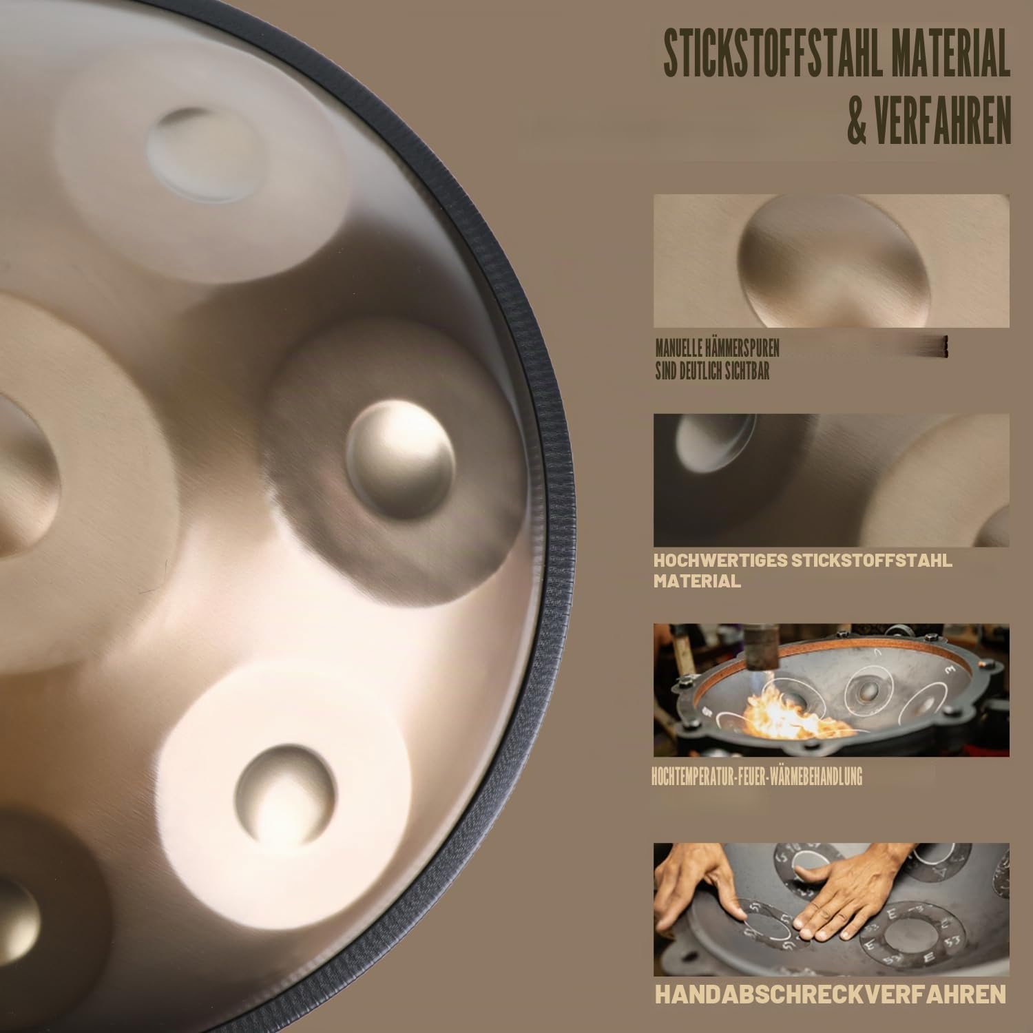 Eavnbaek Handpan D-Moll Trommel 440 Hz 9 Noten 56 cm Stahlhandtrommel, Handtrommel mit Softtasche, 2 Handhämmern, Pfannenständer und staubfreiem Tuch (gold)