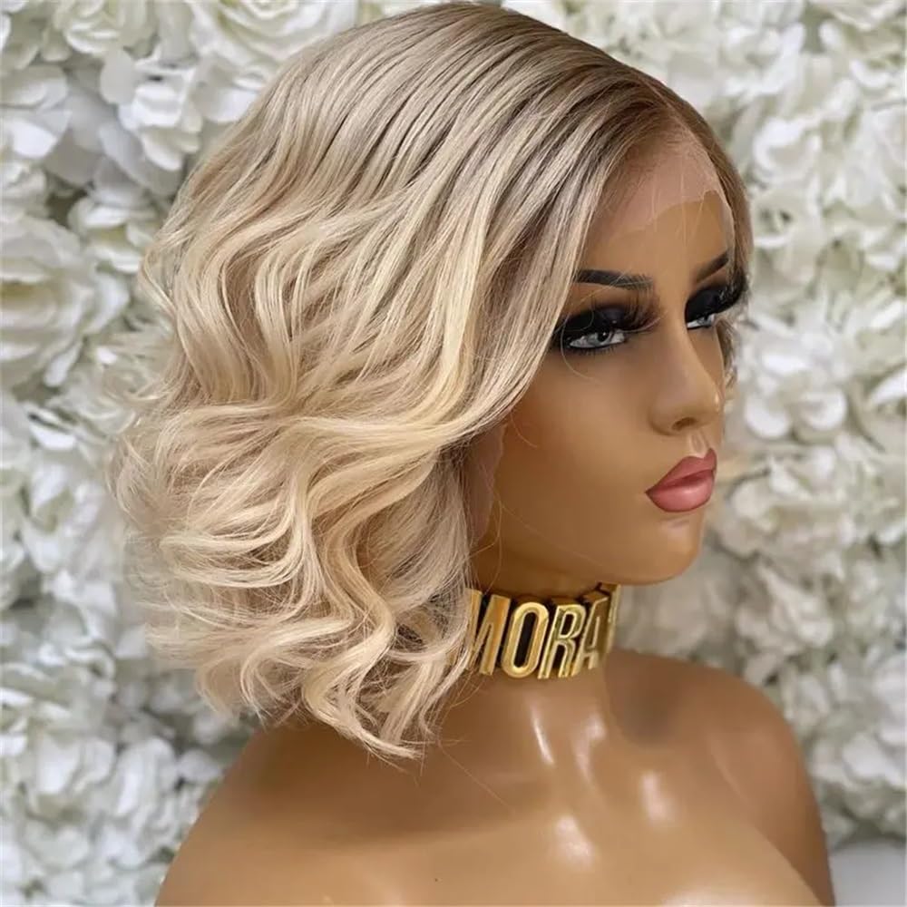 Ombre blond peruki damskie falowane peruki do ramion z linią włosów koronkowe wstępnie przycięte, środkowa część naturalna syntetyczna efekt naturalny i obszerna (14 cali)