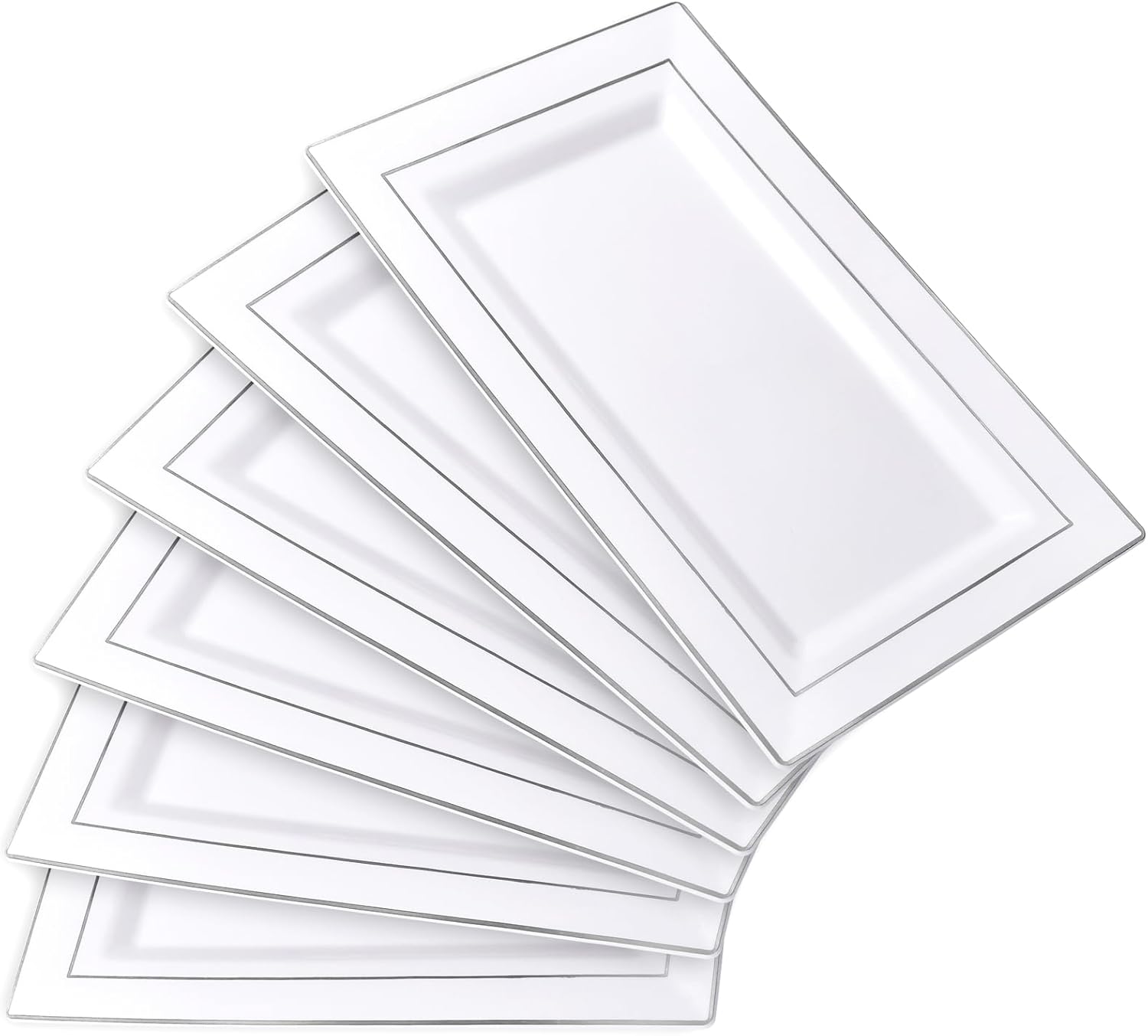 I00000 6 Pack Plastic Serving Trays, Silver Rim Disposable Serving Trays, Silver Disposable Serving Platter for Food Party Serving Platters and Plastic Trays 13.97x8.46 inches White Silver