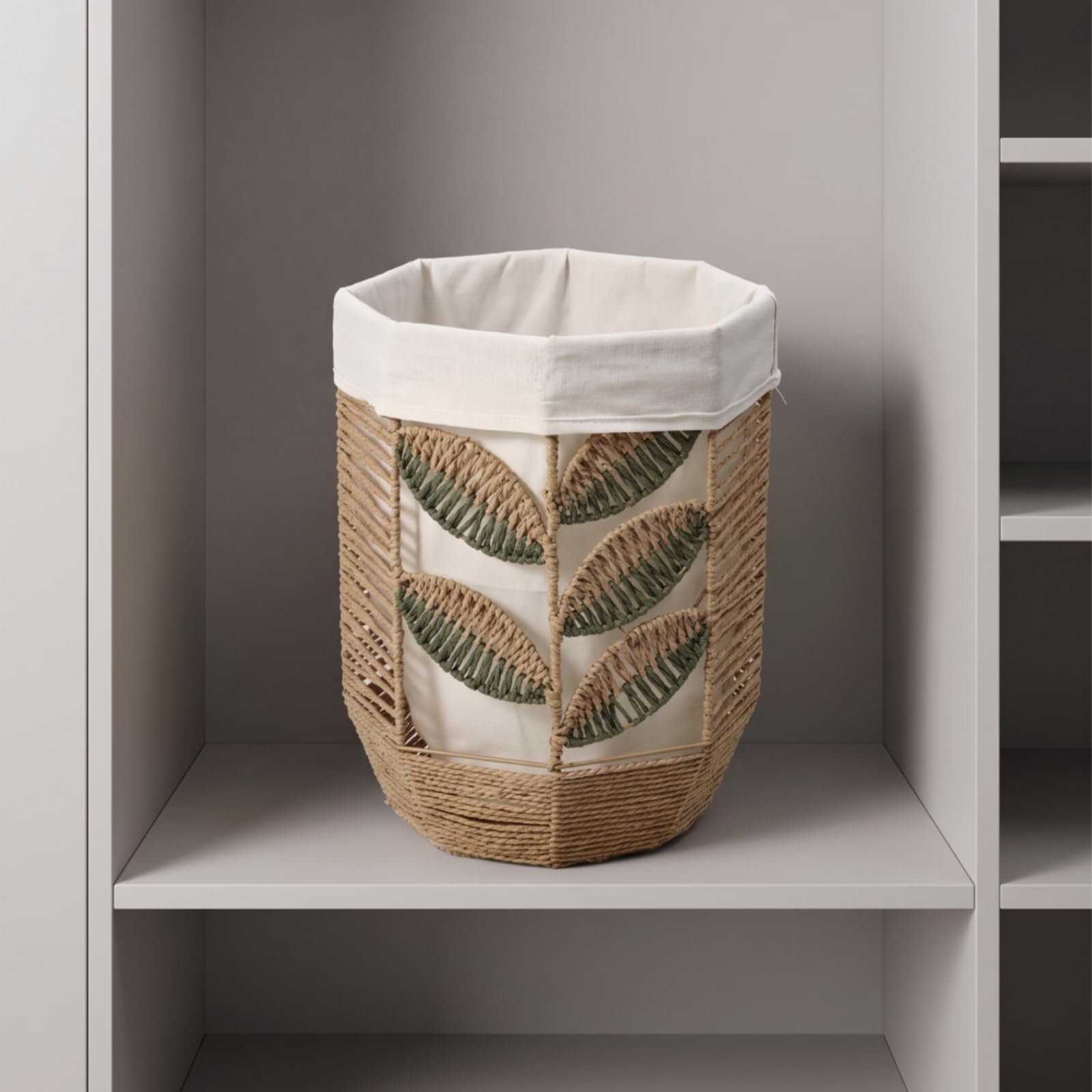 Amagogo Cesto Porta Biancheria Cesto Cesta Lavanderia Contenitore Organizzatore con Rivestimento in Cotone Lino Intrecciato con Bordo Rinforzato E Manico, Grande, Stile Rustico Con Motivo A Foglie