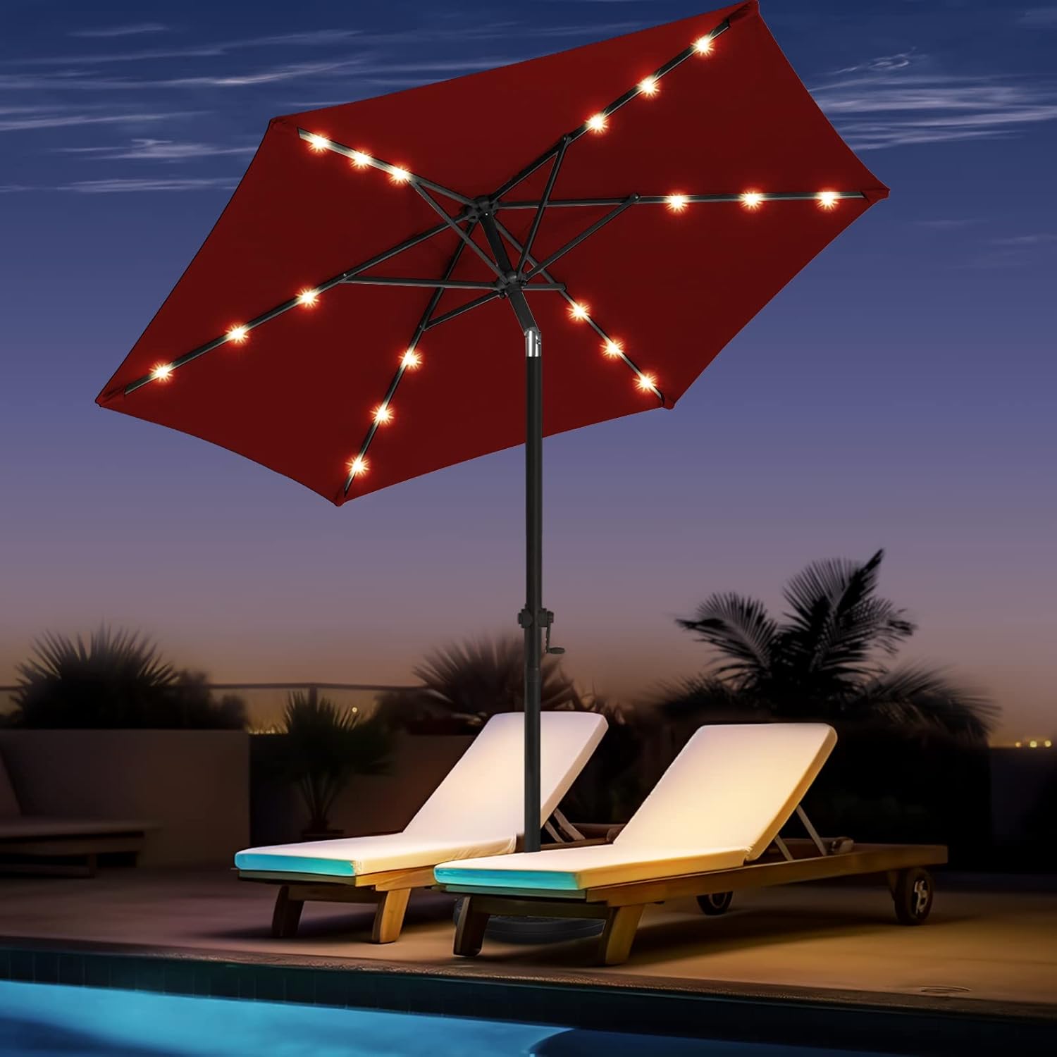 wikiwiki 7.5ft Outdoor Patio Table Umbrella, Sturdy Solar Led Market Umbrella for Deck, Pool, Garden w/Tilt, Crank, 18 LED Lights - Burgundy Red