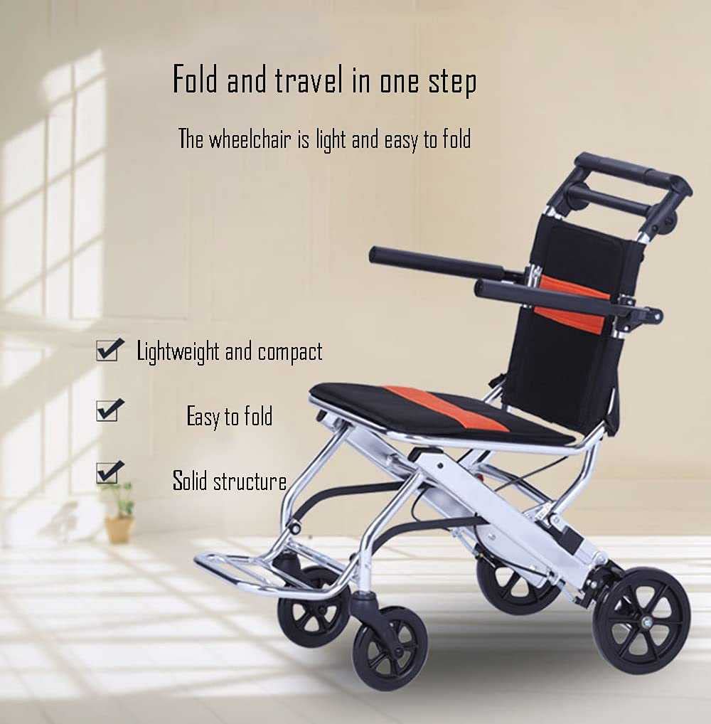 Silla de Ruedas Ligera Plegable/Aluminio Silla de Ruedas de Viaje/Transporte Portátil Silla de Ruedas con Freno de Mano
