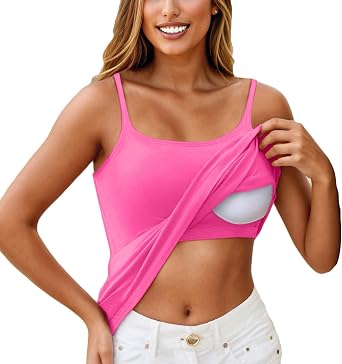 Tank Top for Women with Built in Bra Padded Adjustable Spaghetti Strap Camisoles for Layering Scoop Neck Fitted Undershirts