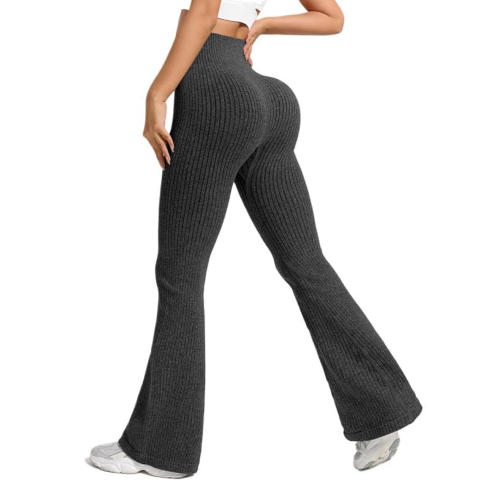 Womens Yoga Pants High Waisted Tummy Control Ribbed Leggings Slim Fit Bell Bottom Workout Pants Trousers Activewear