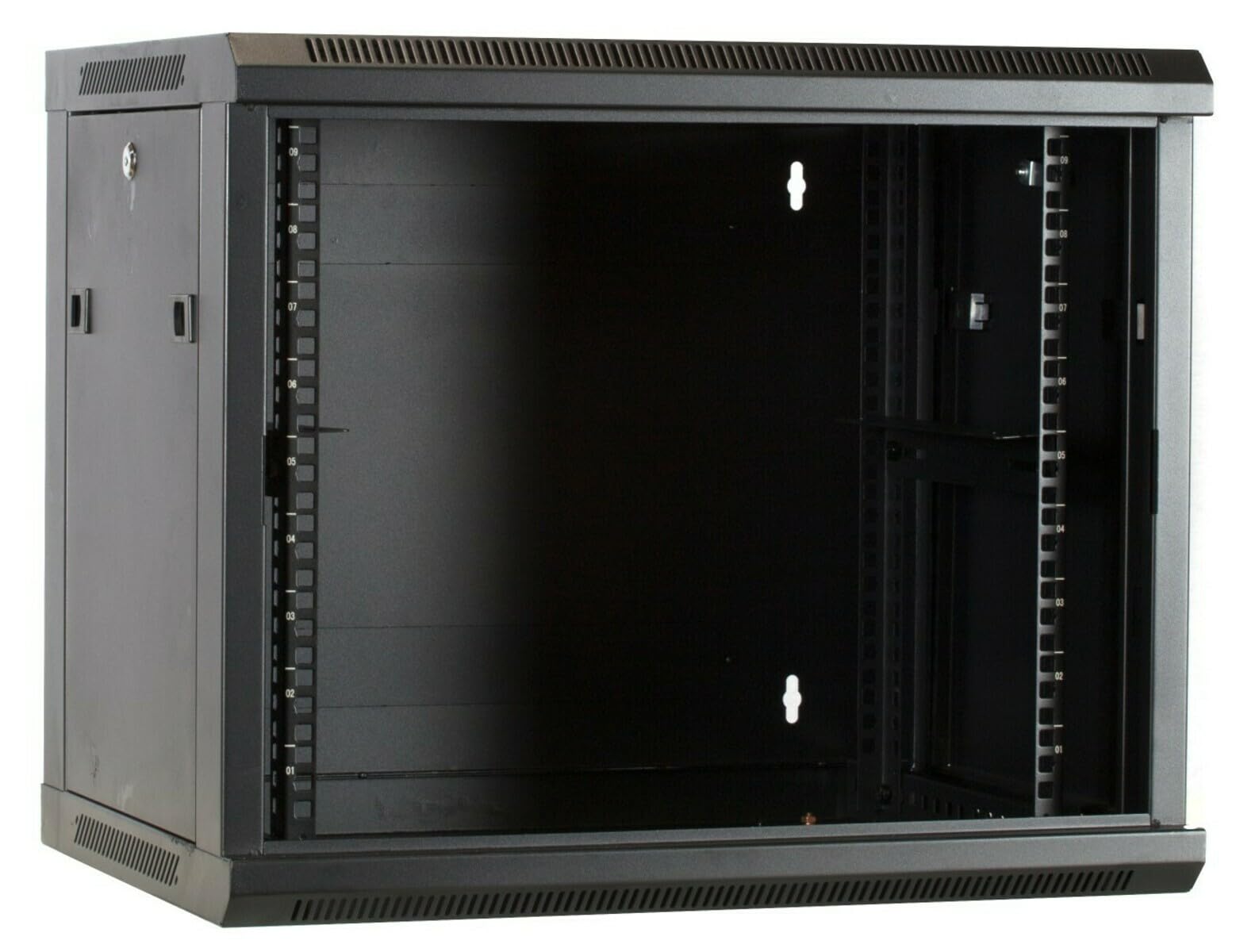 9HE Netzwerkschrank (Serverschrank) 19 Zoll Wandmontage - mit Glastür - Nicht vormontiert (BxTxH) 600 x 450 x 500mm - Schwarz - Traglast 40 kg