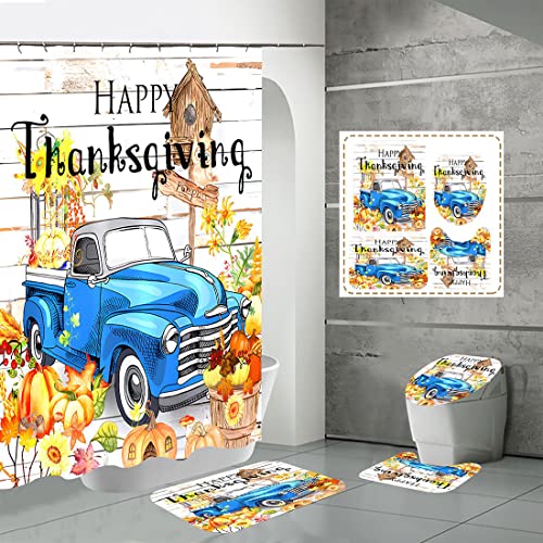 4 Pcs Shower Curtain Set Gnomes Pumpkins It is Thanksgiving Halloween Recipe Fall with Non-Slip Rugs Toilet Lid Cover and Bath Mat Bathroom Decor Set 72