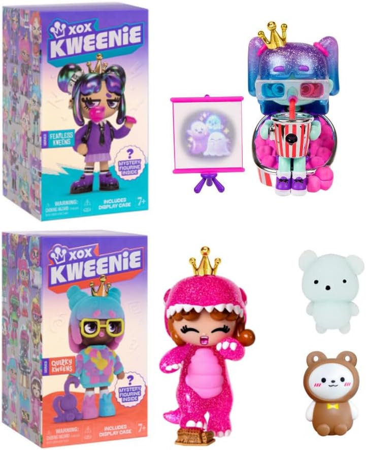 XOX Kweenie 4 Inch Mystery Figurine 2-Pack Bundled Gift Set - Quirky Kweens and Fearless Kweens Collectable Doll Toys Series Includes Display Case (2024 New Toys)