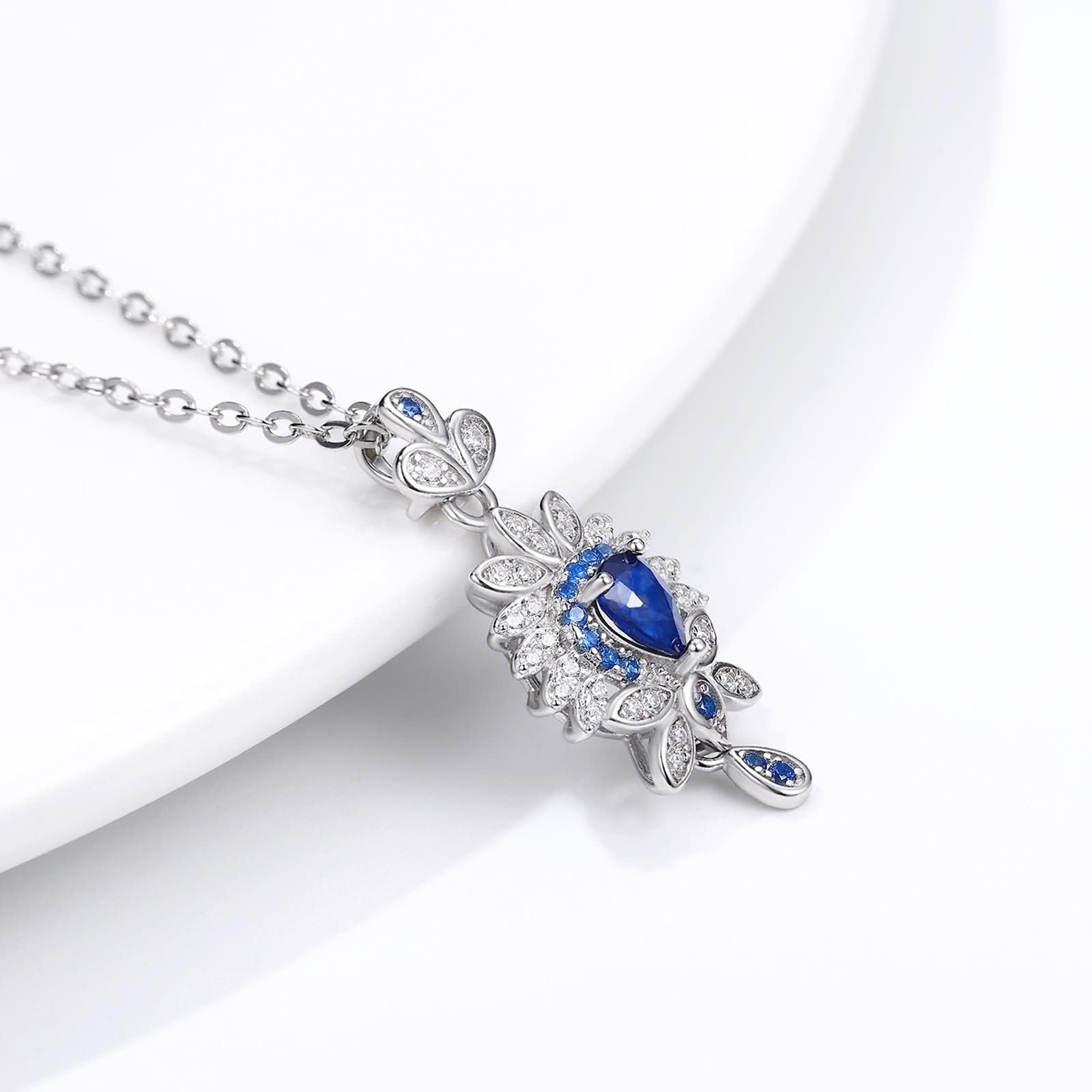 Catenina Collana in Argento Sterling 925,Collane Catena Fiore e Pera con Zaffiro Sintetico Collana Blu Argento con Ciondolo Donna