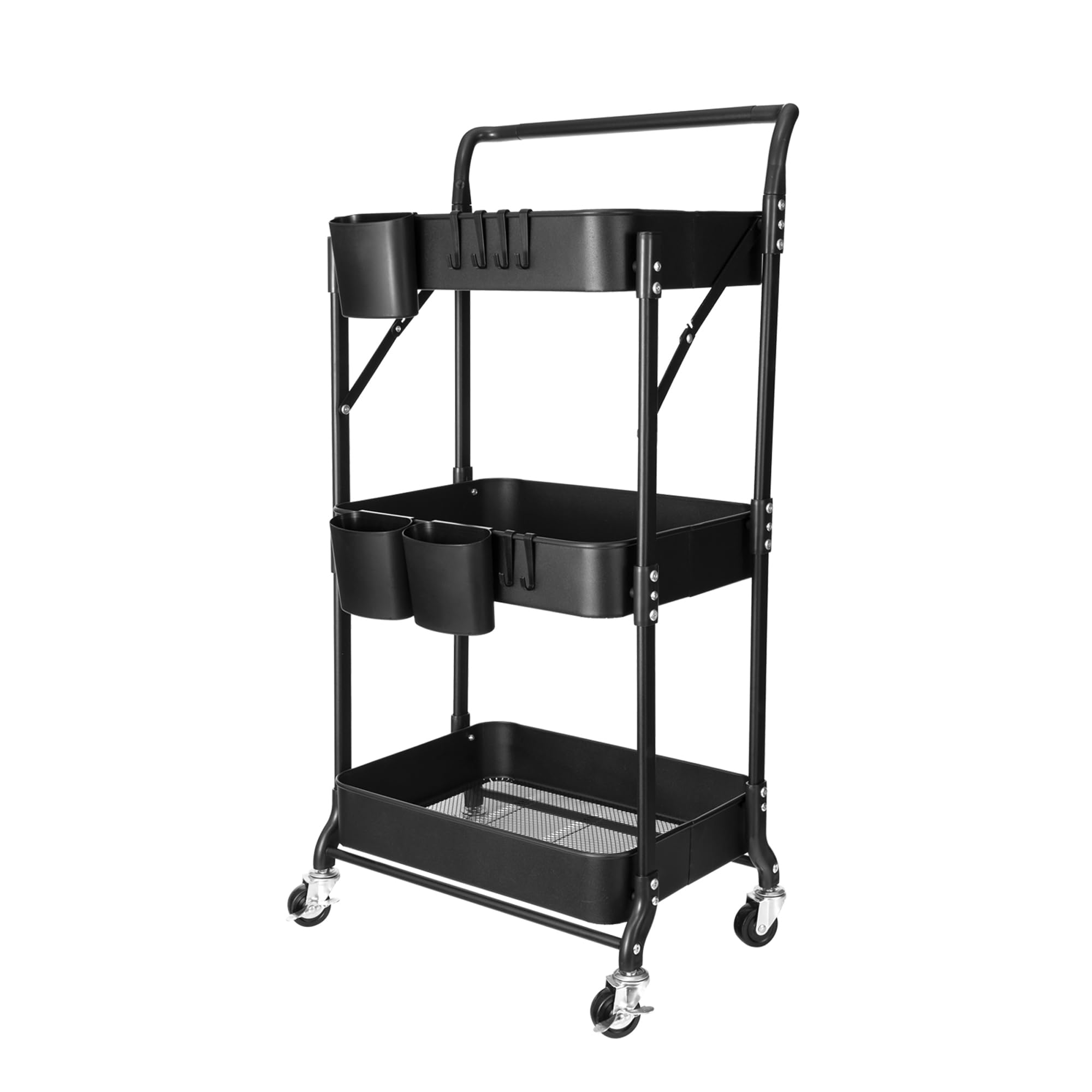 Amatic Beistellwagen 3 Etagen Küchenregal, klappbar Servierwagen mit Rollen, Metall-Stauraumwagen, Küchenwagen mit Griffen, Rollwagen Küche Trolley Kunststoff, Platzsparendes Badregal, Schwarz