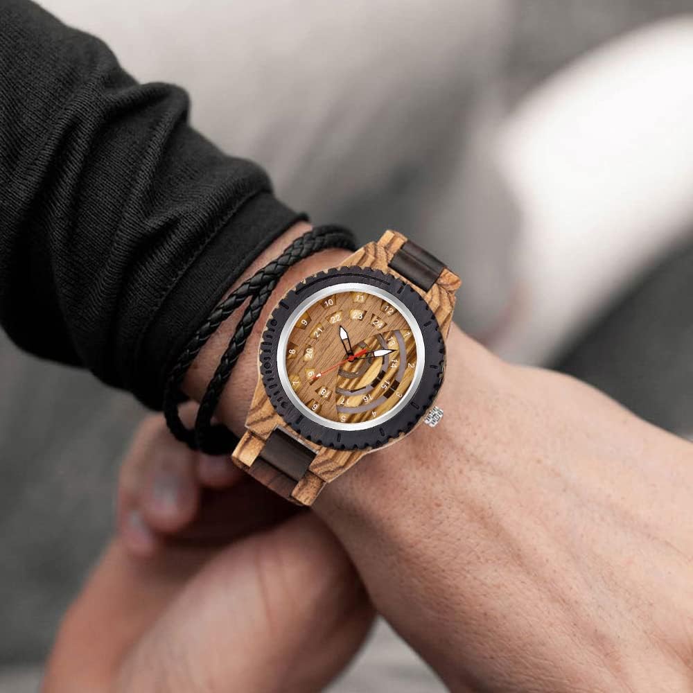 Tiong Brand Wooden Watches Mens with Handmade Colorful Bamboo Wood Watch Analog Date Quartz Wooden Watch for Men