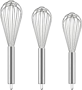 Ouddy Stainless Steel Whisk Set 8"+10"+12", Kitchen Whisk Balloon Whisks for Cooking Egg Beater Wire Wisk Wisking Tool for Blending Whisking Beating Stirring Baking