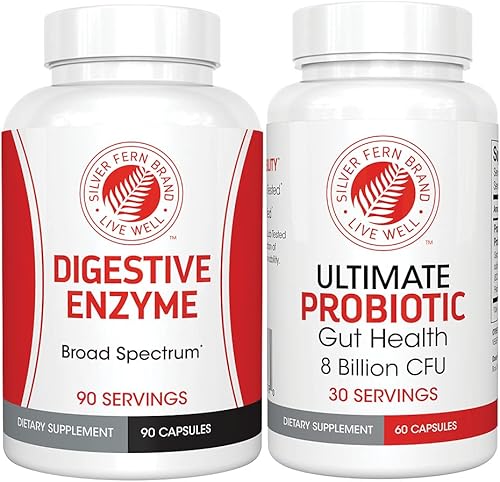 Silver Fern Brand Gut Health - Kit de afinación  Probiótico multifunción (1 botella  60 cápsulas) y enzima digestiva (1 botella  90 cápsulas) ayuda