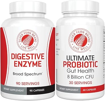 Silver Fern Brand Gut Health Tune Up Kit - Multi Function Ultimate Probiotic 1 Bottle - 60 Capsules & Digestive Enzyme 1 Bottle = 90 Capsules Helps Digestive Health, Mood, Reduce Cravings